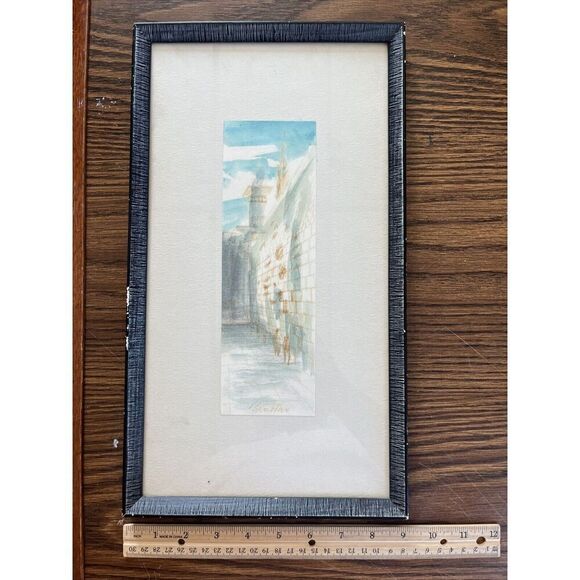 Framed Original Signed Abstract Watercolor: People Standing Outside City Walls - Picture 1 of 6